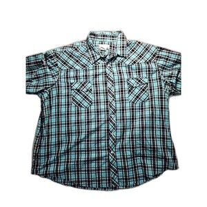 Wrangler Wrancher Pearl Snap Shirt Men 3X Green Plaid Short Sleeve Cowboy Rodeo